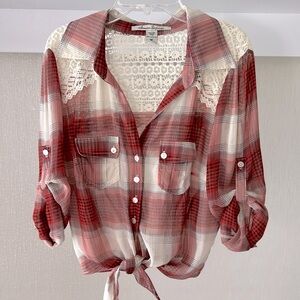 Red Plaid Button-Up Blouse with Lace Accents